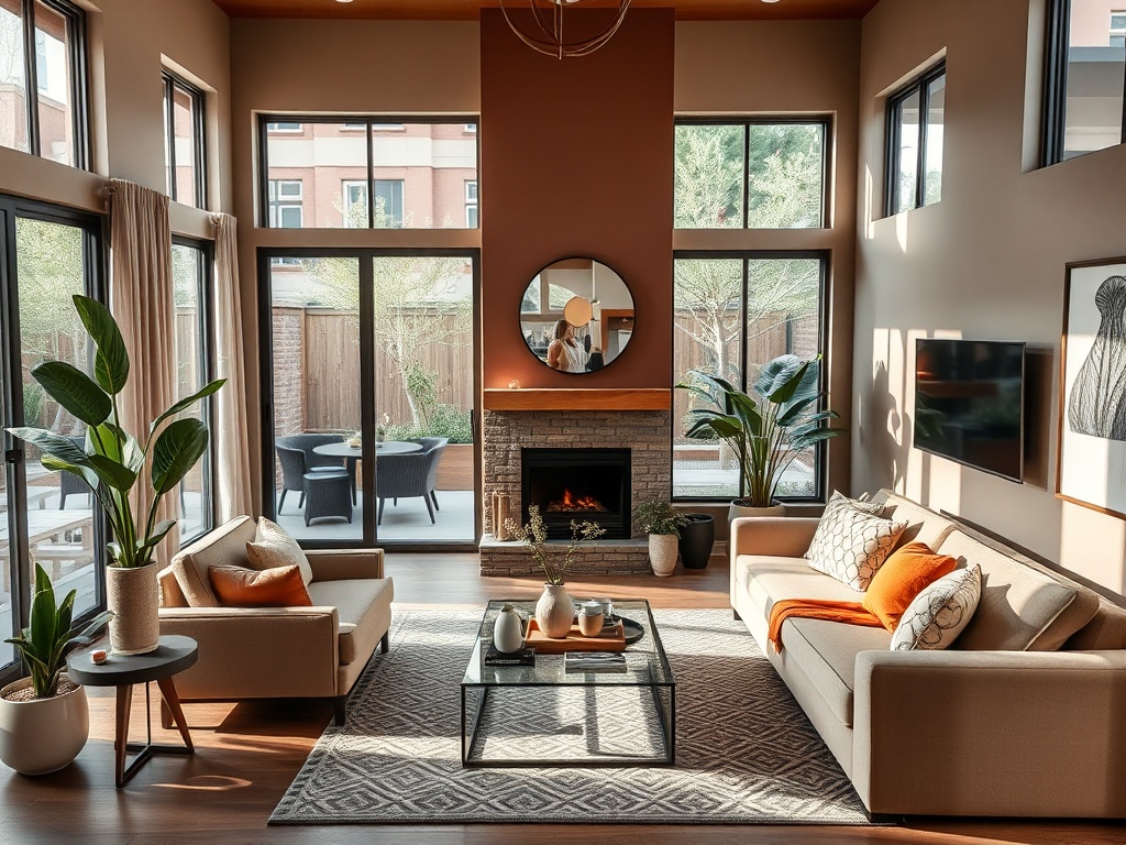 Современная гостиная с большими окнами, уютной мебелью и камином, наполненная светом и растениями.