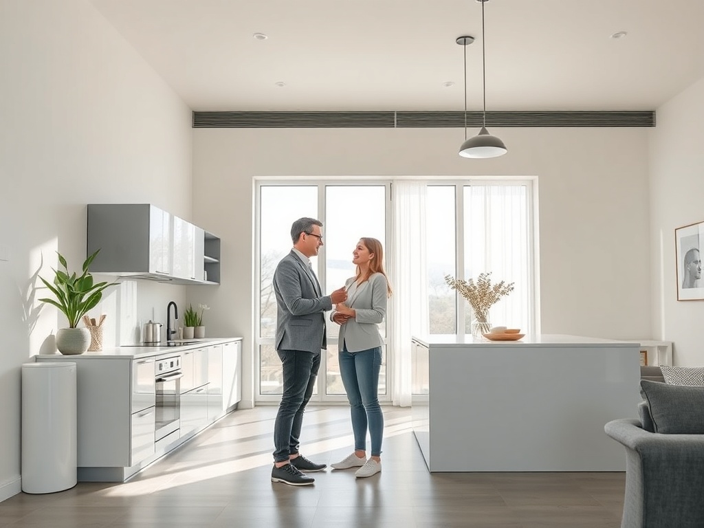 Мужчина и женщина общаются в стильной кухне с большими окнами и современным дизайном.