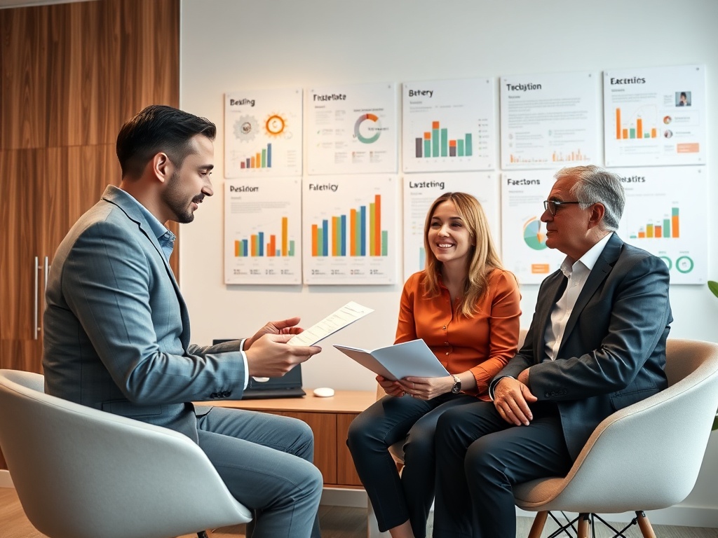 Трое людей обсуждают документы в современном офисе, на стене графики и диаграммы.