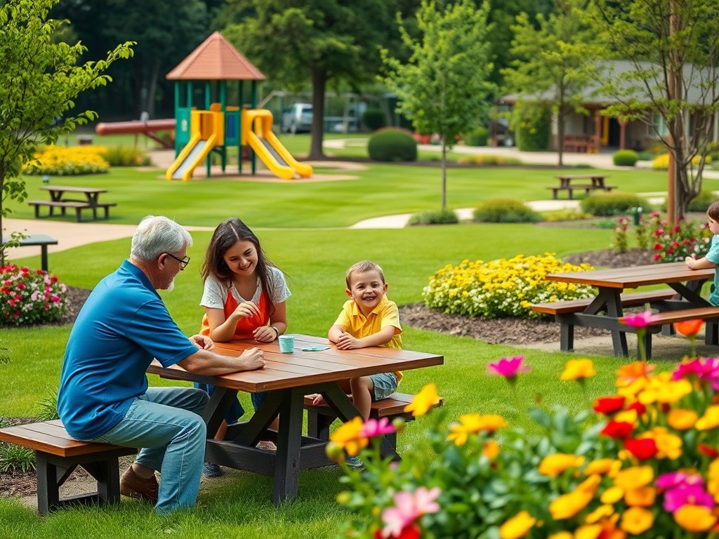 На фото счастливая семья: дедушка, мама и сын играют за столом в цветущем парке. Вдали игровые площадки.