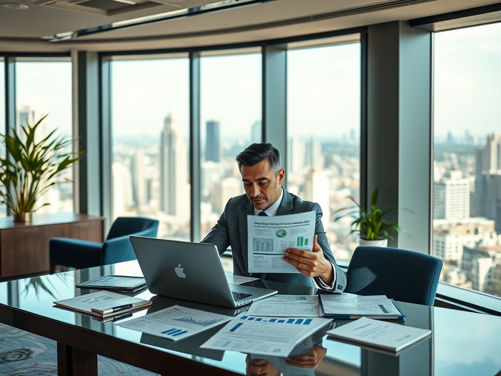 Мужчина в офисе изучает отчеты на фоне городского пейзажа за окном.