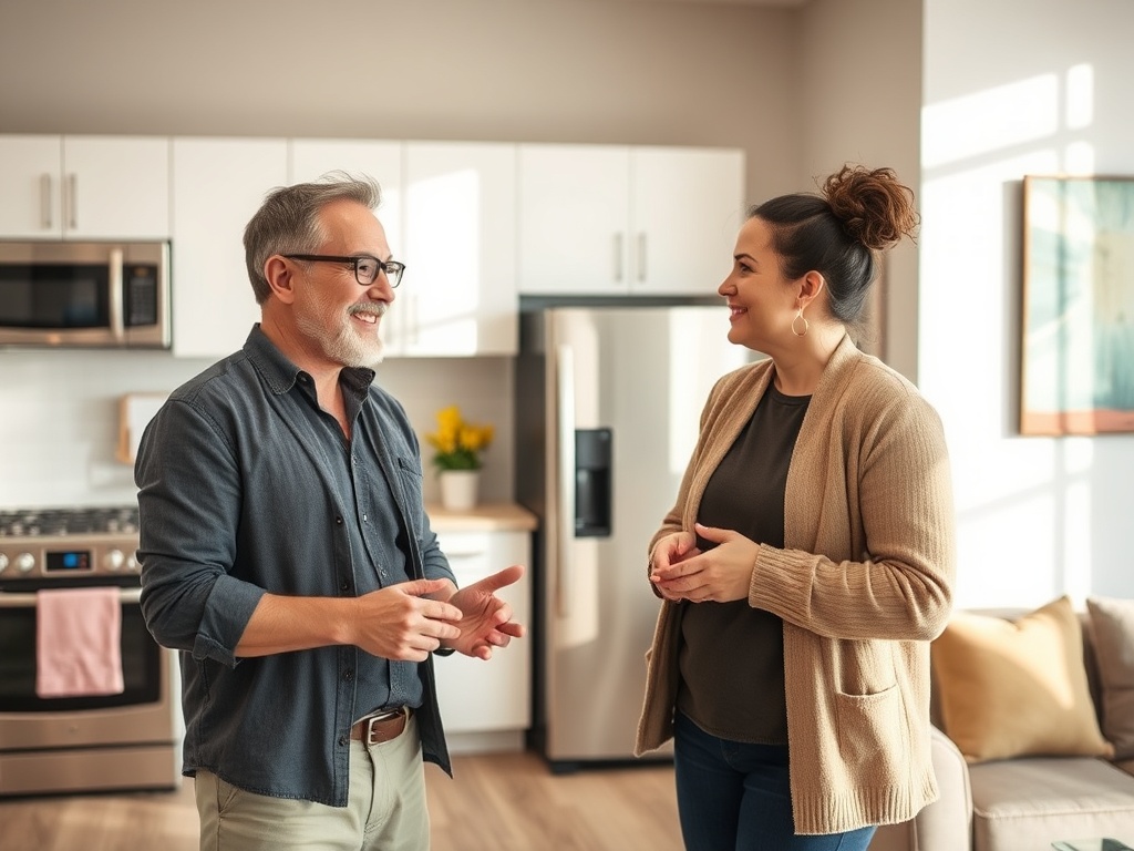 Два человека беседуют на кухне: мужчина с седыми волосами и женщина с собранными волосами. Задний план — уютный интерьер.