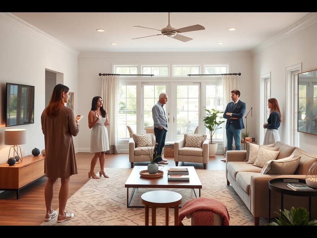 В просторной комнате пять человек обсуждают что-то, сидя и стоя рядом с окнами, в светлой обстановке.