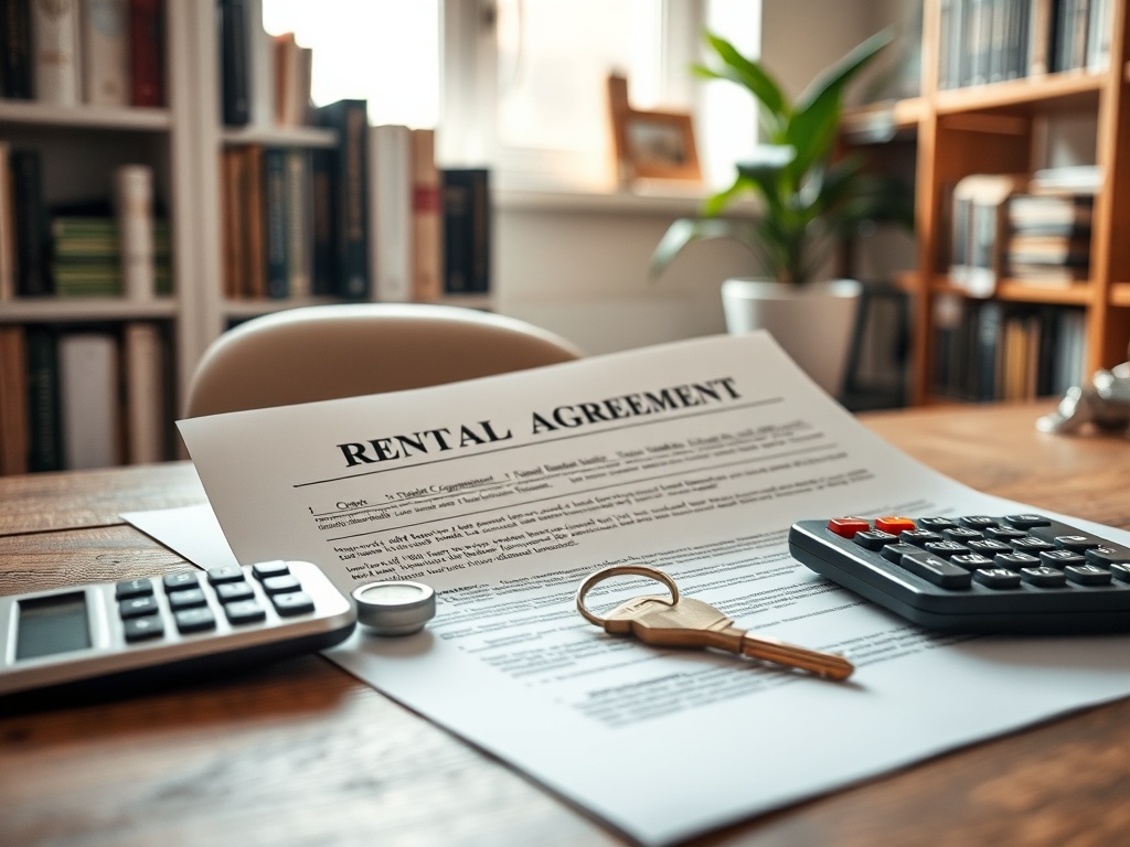 На столе лежит договор аренды, рядом калькулятор и ключи, фон — полки с книгами и растение.