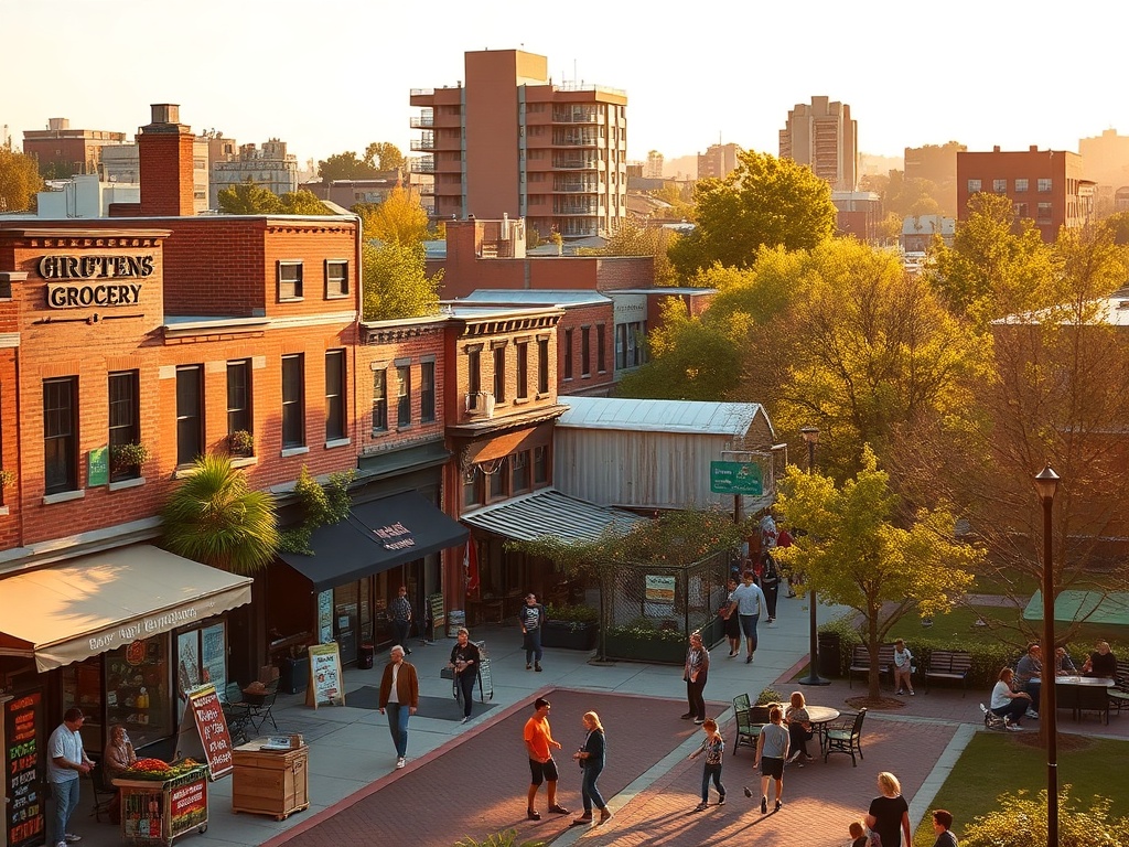 Уютная улица с магазинами и людьми, наслаждающимися вечером на фоне городской архитектуры.