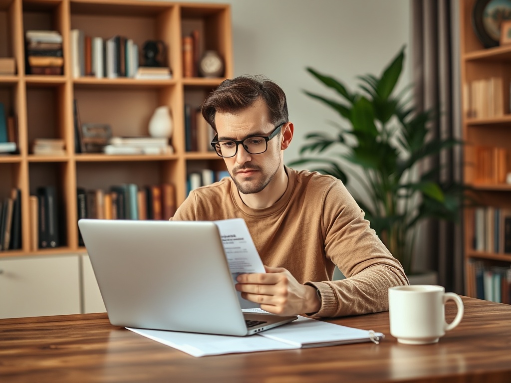 Молодой человек сидит за столом, смотрит на ноутбук и держит в руках документ. На столе чашка.