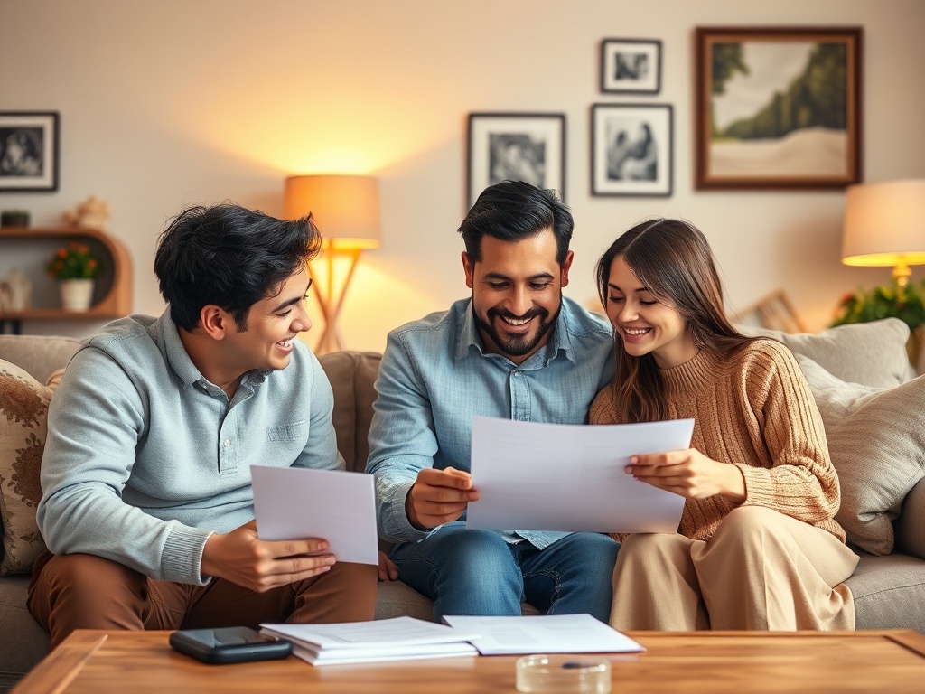 Трое друзей сидят на диване и смотрят на документы, улыбаясь и обсуждая что-то важное.