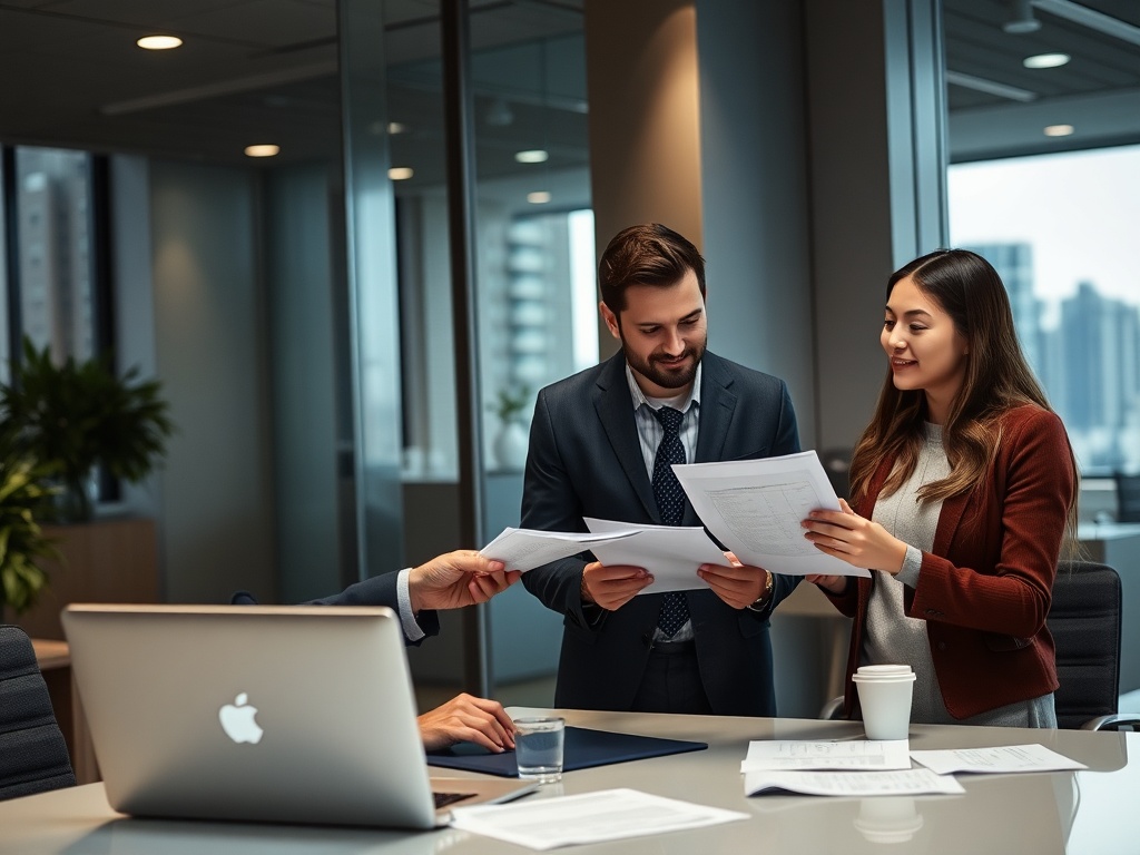 Два человека обсуждают документы в офисе, рядом с ними ноутбук и чашка кофе.