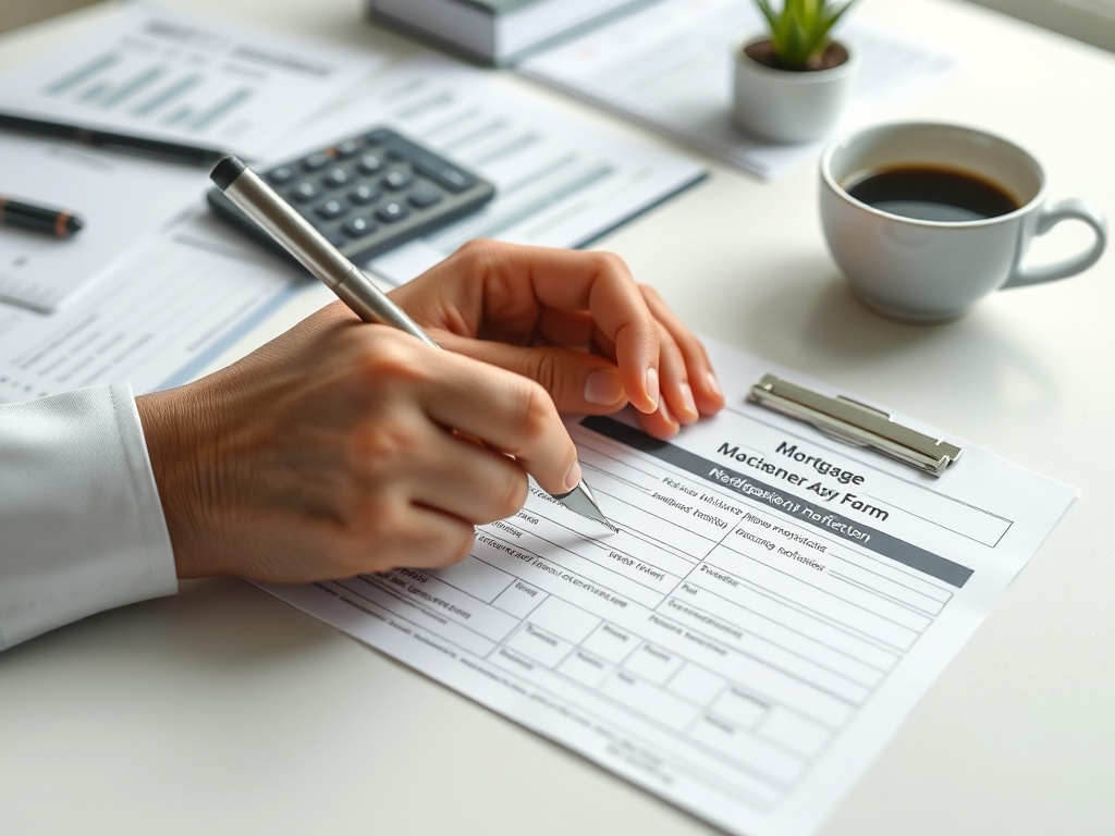 Человек заполняет анкету на получение ипотечного кредита. Вдали виден калькулятор и чашка кофе.