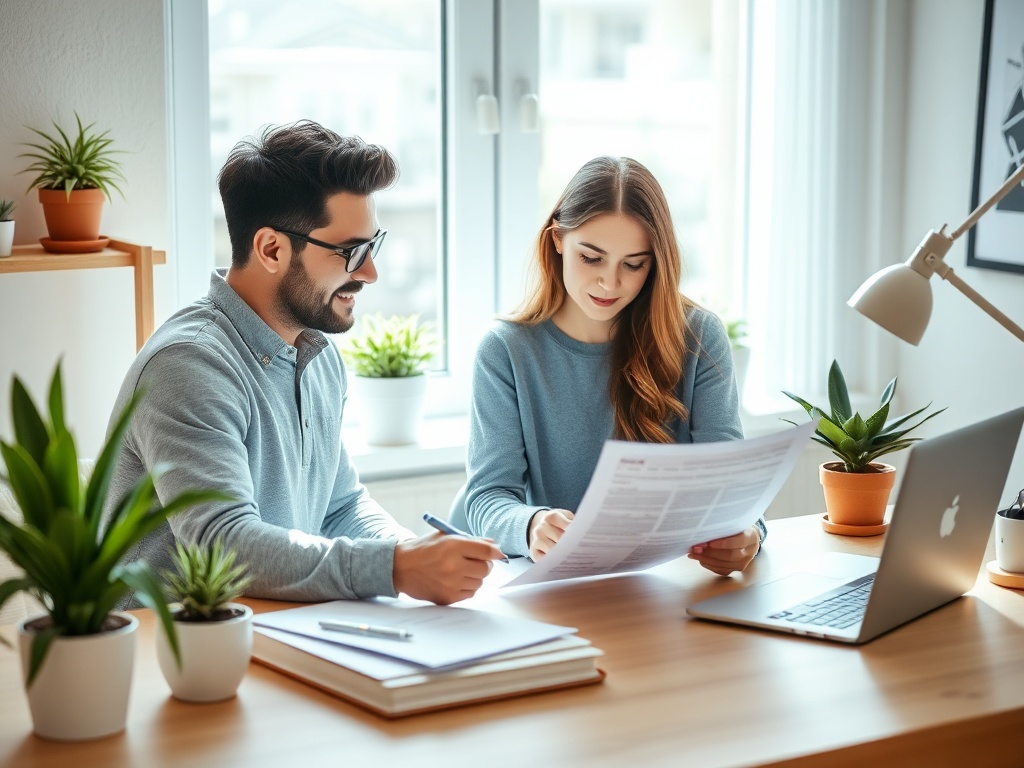 Два человека изучают документы за столом, окружённые растениями и ноутбуком в светлом офисе.